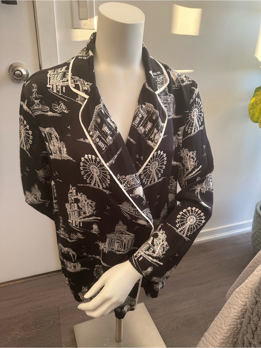 Maje Black and White Scenic Print Button-Down Shirt